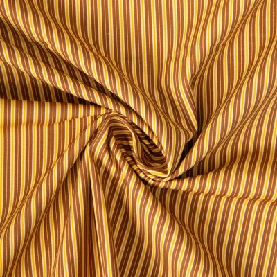 Tissu Popeline de Coton Rayures fines Marron sur fond Jaune - Par 10 cm
