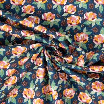 Tissu Popeline de Coton grandes pivoines sur fond Bleu marine - Par 10 cm