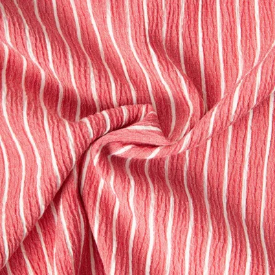 Tissu Polyviscose Seersucker aspect Lin lavé Suzy rayures Blanc sur fond Corail - Par 10 cm