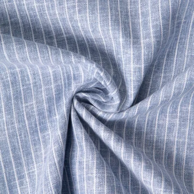 Tissu Polycoton aspect Lin rayé Bleu ciel - Par 10 cm