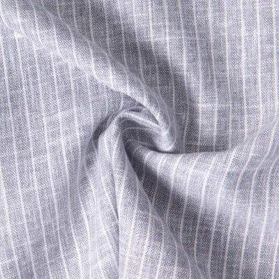 Tissu Polycoton aspect Lin rayé Bleu gris - Par 10 cm