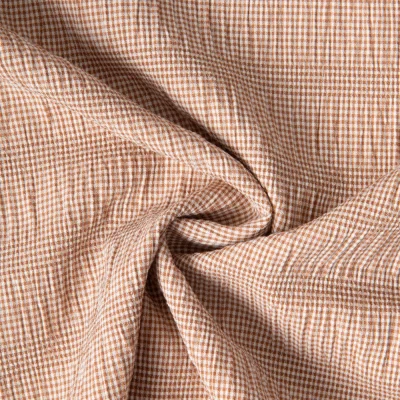 Tissu Polyviscose Seersucker aspect Lin lavé Suzy carreaux Blanc sur fond Beige sable - Par 10 cm