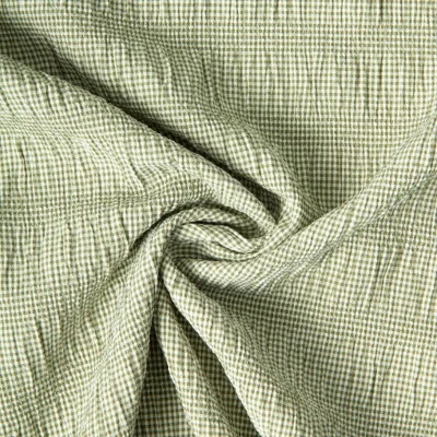 Tissu Polyviscose Seersucker aspect Lin lavé Suzy carreaux Blanc sur fond Vert kaki clair - Par 10 cm