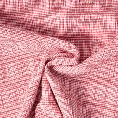 Tissu Polyviscose Seersucker aspect Lin lavé Suzy carreaux Blanc sur fond Rouge - Par 10 cm