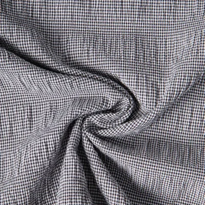 Tissu Polyviscose Seersucker aspect Lin lavé Suzy carreaux Blanc sur fond Noir - Par 10 cm