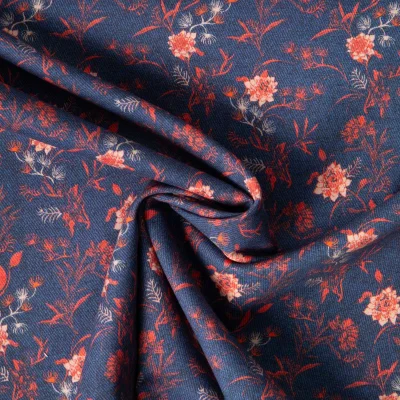 Tissu Chambray Coton Lola petites fleurs Rouge sur fond Bleu denim - Par 10 cm