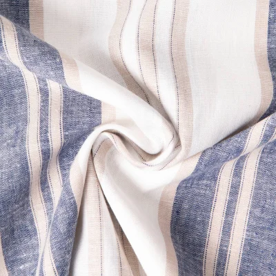 Tissu Lin Viscose Louis rayures Bleu gris et Beige sur fond Blanc cassé - Par 10 cm
