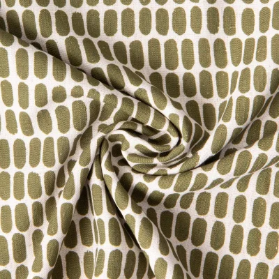 Tissu Lin lavé Viscose Célestin motif graphique Olive sur fond Ecru - Par 10 cm