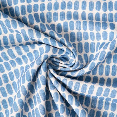 Tissu Lin lavé Viscose Célestin motif graphique Bleu azur sur fond Blanc - Par 10 cm