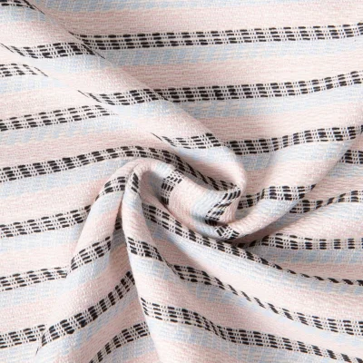 Tissu Jacquard Polycoton lurex Neela rayures Bleu et Noir sur fond Rose pastel - Par 10 cm