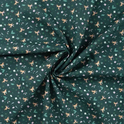 Tissu Popeline de Coton imprimé Noël sur fond Vert sapin - Par 10 cm