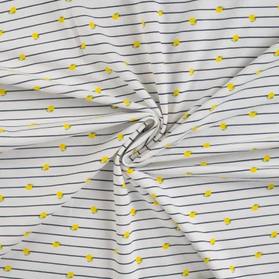 Tissu Jersey Coton Rayures bleues et citrons sur fond Blanc - Par 10 cm