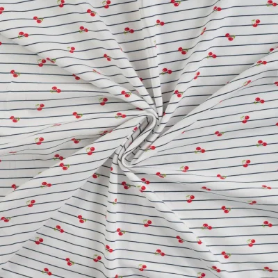 Tissu Jersey Coton Rayures bleues et cerises sur fond Blanc - Par 10 cm