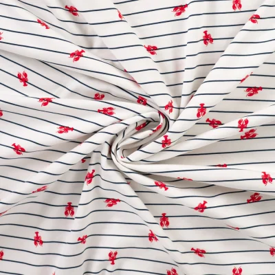 Tissu Jersey Coton imprimé Tom homards sur marinière sur fond Blanc - Par 10 cm