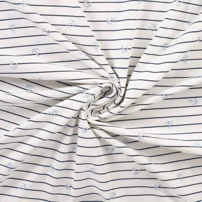 Tissu Jersey Coton imprimé Malo fine marinière sur fond Blanc cassé - Par 10 cm