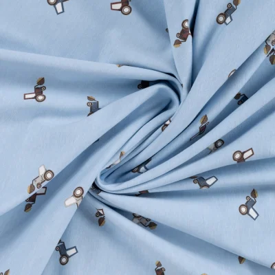Tissu Jersey Coton imprimé Noé petits tracteurs sur fond Bleu ciel - Par 10 cm