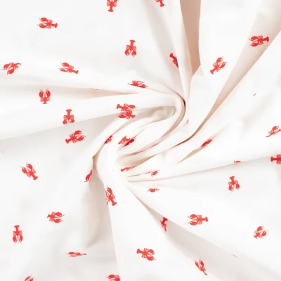 Tissu Coton imprimé Homards rouges sur fond Blanc cassé - Par 10 cm