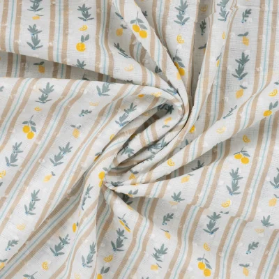 Tissu Voile de Coton Plumetis digital petits citrons rayé sur fond Blanc - Par 10 cm