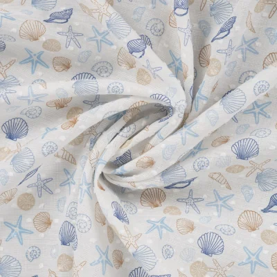 Tissu Voile de Coton Plumetis digital Garance coquillages et crustacées sur fond Blanc - Par 10 cm