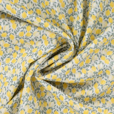 Tissu Voile de Coton digital brodé Ava petits citrons sur fond Ecru - Par 10 cm