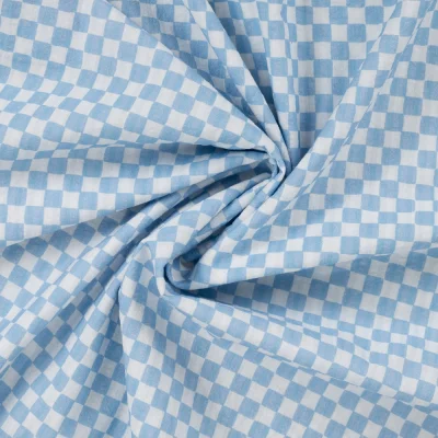 Tissu Seersucker Coton digital Carreaux Bleu sur fond Blanc - Par 10 cm