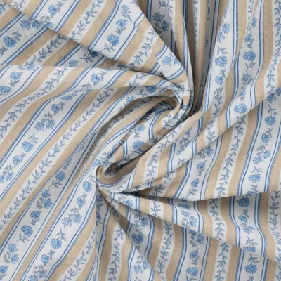 Tissu Seersucker Coton digital Rayures provençales Beige et Bleu sur fond Blanc - Par 10 cm