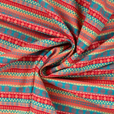 Tissu Seersucker Coton digital ethnique géométrique à rayures sur fond Multicolore - Par 10 cm