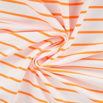 Tissu Sweat léger envers gratté rayé Orange fluo sur fond Blanc - Par 10 cm