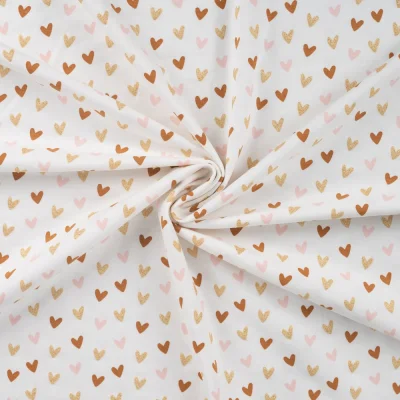 Tissus Jersey Coton imprimé Coeurs pailletés or sur fond Blanc cassé - Par 10 cm