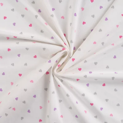 Tissu Jersey Coton Coeurs roses, lilas et argent pailleté sur fond Blanc - Par 10 cm