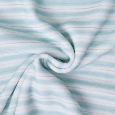 Tissu Jersey Velours Eponge digital Rayé Bleu clair sur fond Blanc cassé - Par 10 cm