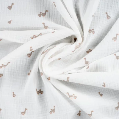 Tissu Double gaze de Coton Canards sur fond Blanc cassé - Par 10 cm
