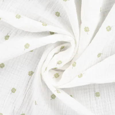 Tissu Double gaze de Coton Trèfle vert d&#039;eau sur fond Blanc cassé - Par 10 cm