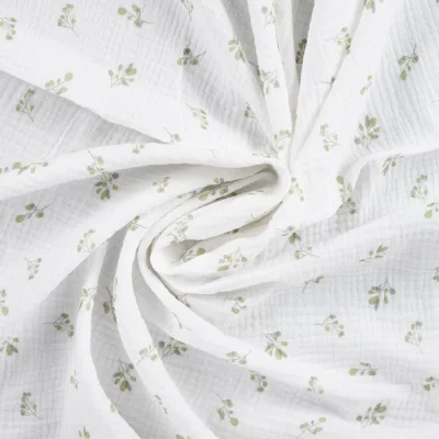 Tissu Double gaze de Coton Eucalyptus sur fond Blanc cassé - Par 10 cm