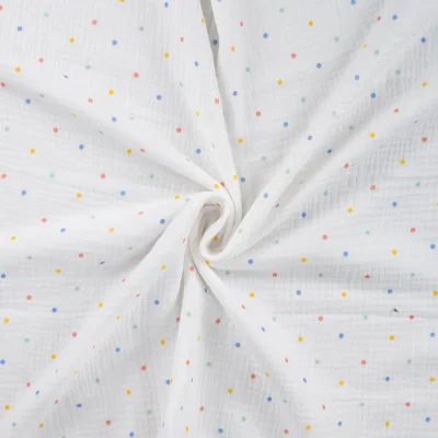 Tissu Double gaze de Coton Petits pois jaunes et bleus sur fond Blanc - Par 10 cm