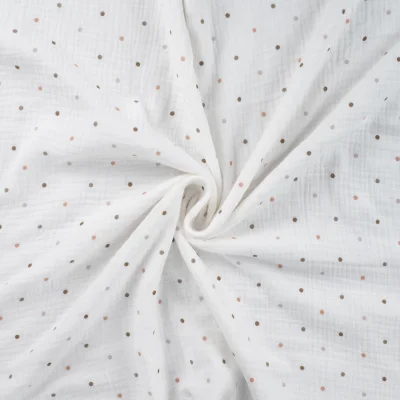 Tissu Double gaze de Coton Petits pois gris et marrons sur fond Blanc - Par 10 cm