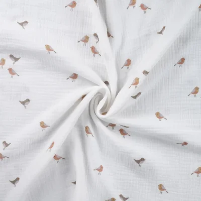 Tissu Double gaze de Coton Oiseaux Lua sur fond Blanc - Par 10 cm