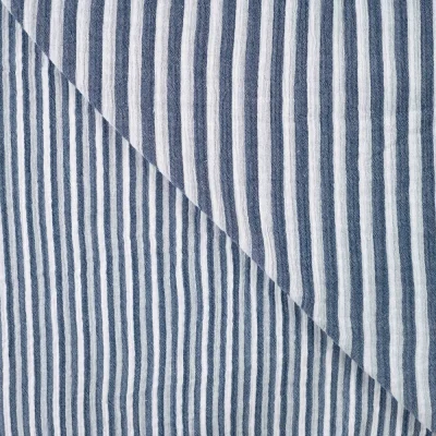 Tissu Double gaze de Coton Double face Rayures Bleu marine sur fond Blanc - Par 10 cm