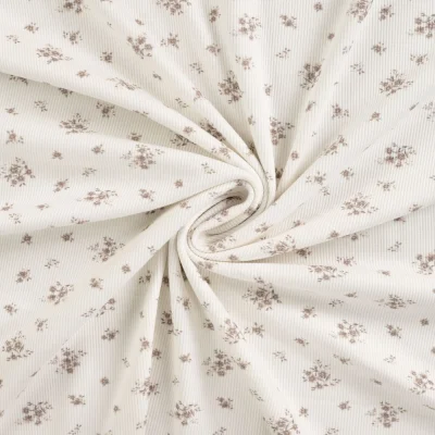 Tissu Jersey Coton Bord côte Fleuris sur fond Blanc cassé - Par 10 cm