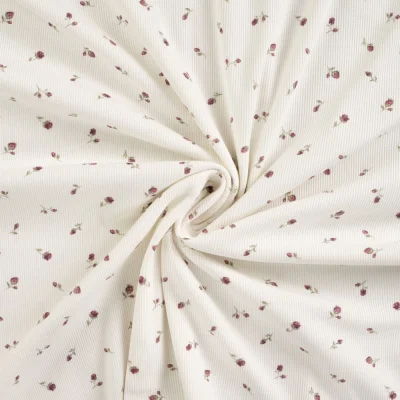 Tissu Jersey Coton Bord côte Petites roses sur fond Blanc cassé - Par 10 cm