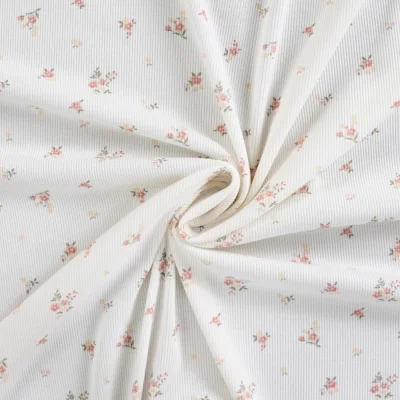 Tissu Jersey Bord côte Elise Bouquets fleuris sur fond Blanc cassé - Par 10 cm