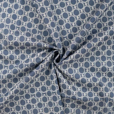 Tissu Chambray Coton Cercles sur fond Bleu jean - Par 10 cm