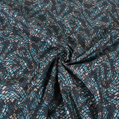Tissu Voile de Coton digital Géométrique abstrait sur fond Bleu denim - Par 10 cm