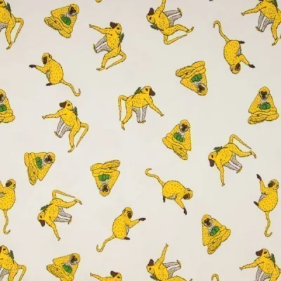Tissu Jersey Coton Singes jaunes et oiseaux sur fond Blanc - Par 10 cm