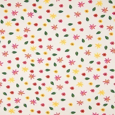 Tissu Jersey Coton Feuilles et fleurs jaunes vertes et rouges sur fond Blanc - Par 10 cm