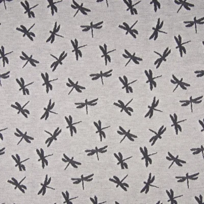 Coupon Tissu Jersey Jacquard  Libellules grise sur fond Gris clair chiné - Coupon de 70 cm
