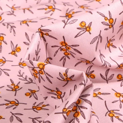 Tissu Coton imprimé Bio Branches sur fond Rose pâle - Par 10 cm