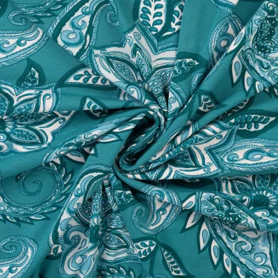 Tissu Jersey Viscose Kasmira Floral  Bohème sur fond Vert canard - Par 10 cm
