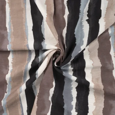Tissu Viscose texturé Rayé noir et taupe sur fond Blanc - Par 10 cm