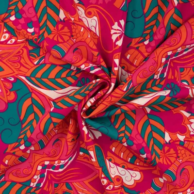 Tissu Viscose Chally Motifs abstraits sur fond Rose fuchsia - Par 10 cm